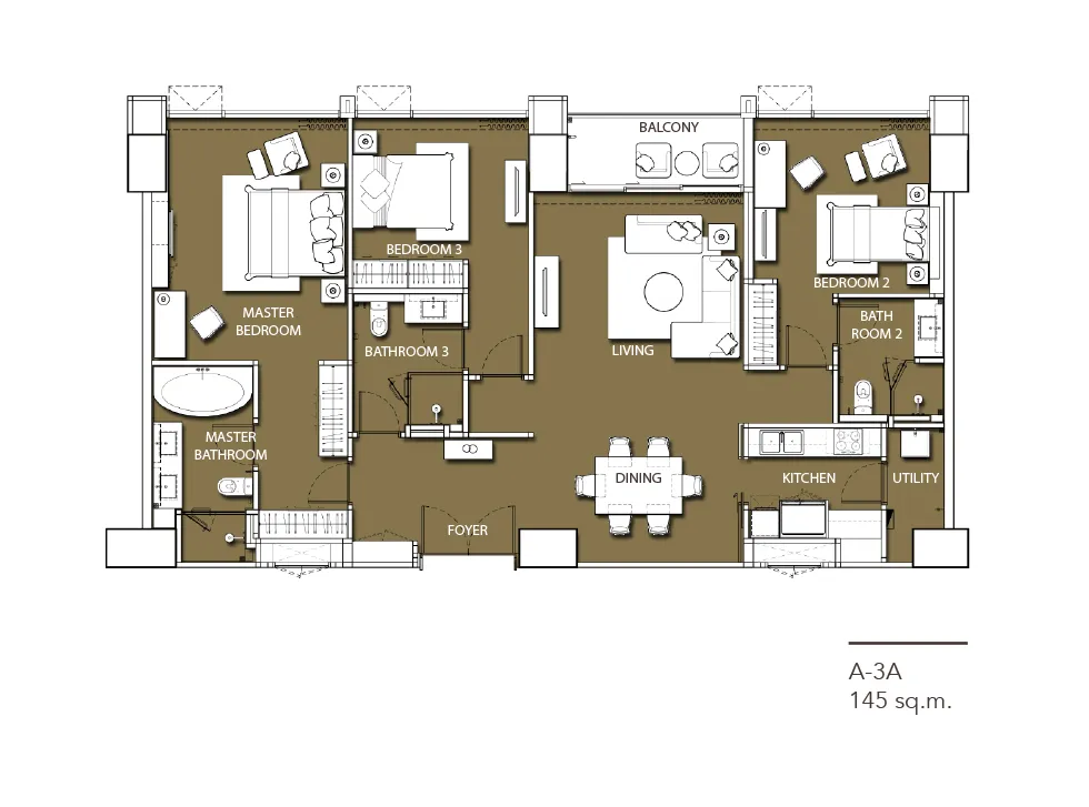 ยูนิตแบบ 3 ห้องนอน อาคาร A A-3A